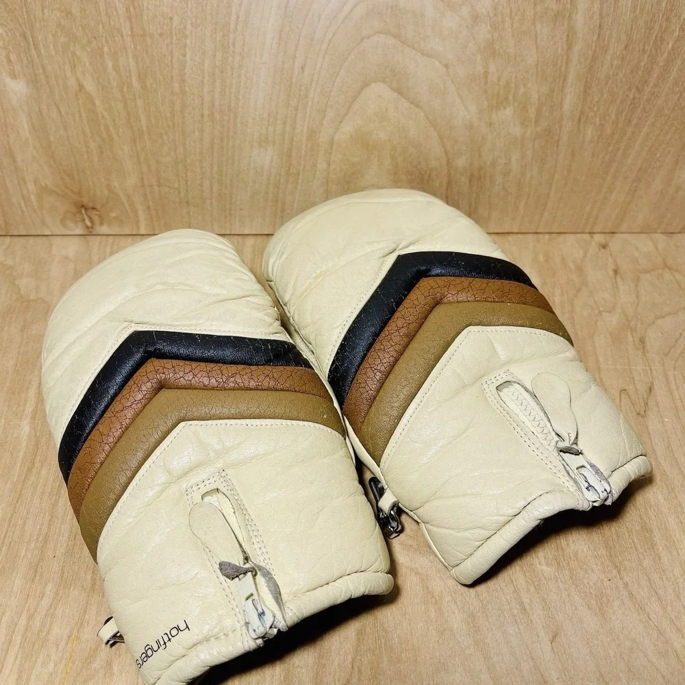 Vintage Hotfingers Leather Mittens Lined Cream Brown Chevron Zipper Skiing Women